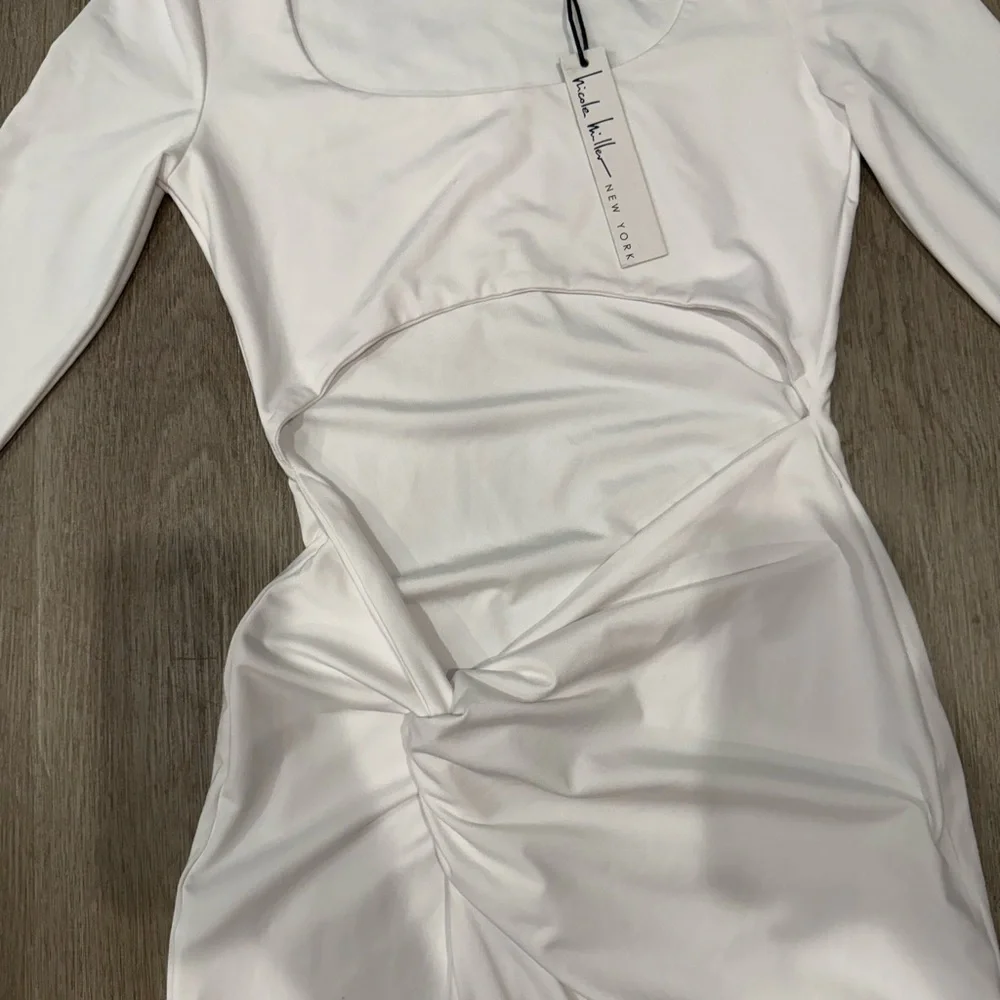 Nicole Miller White Cutout Maxi Dress Long Sleeve Ruched Bodycon M - Picture 4 of 6
